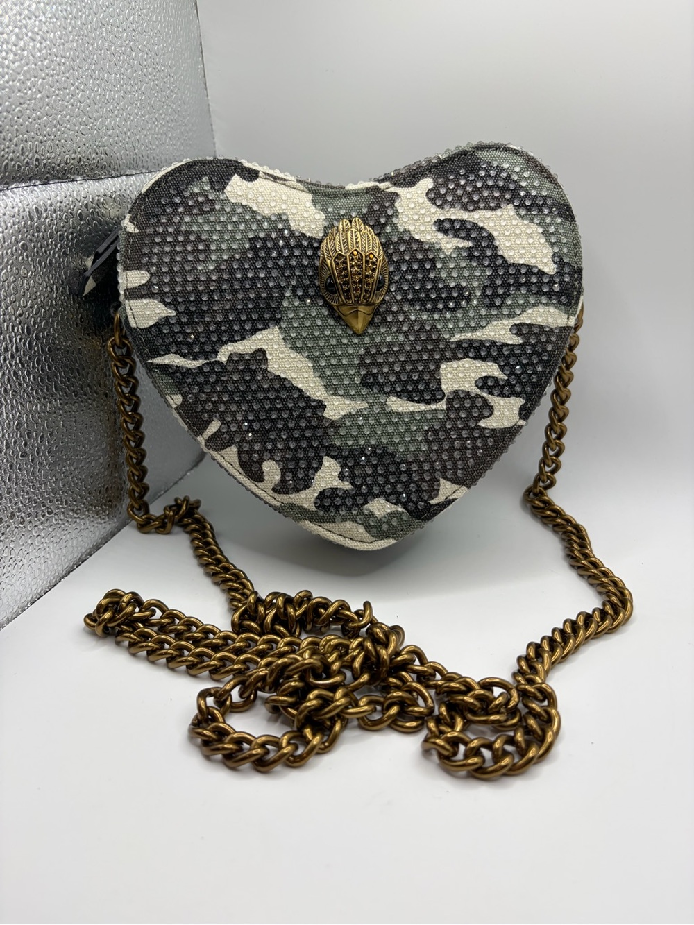 Kurt Geiger Camouflage Heart Crossbody Bag with Antique Gold Chain
